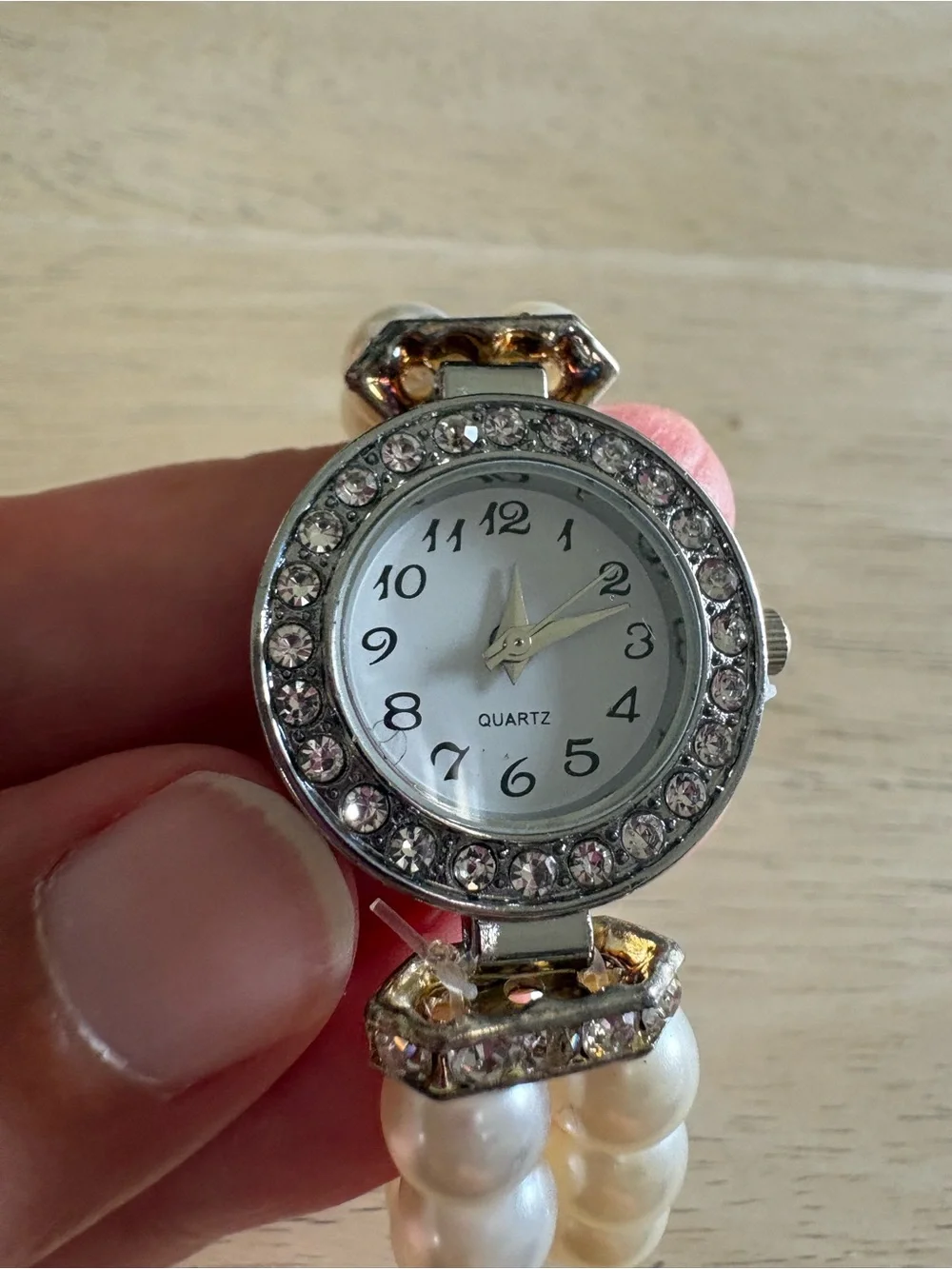 Pearl Bead Crystal Accent Bracelet Watch - White